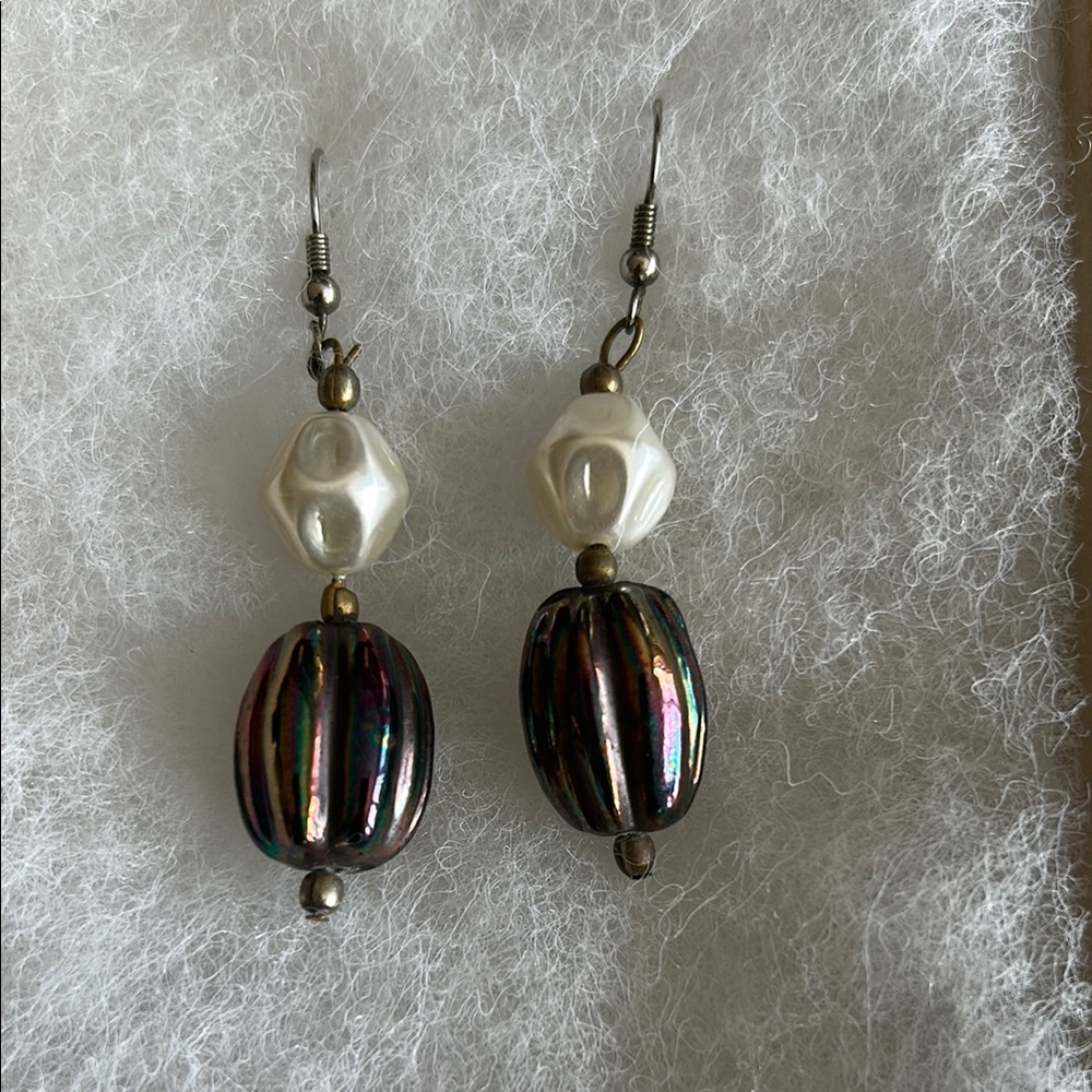 Black and White Pearl Drop Earrings with Metallic Accents